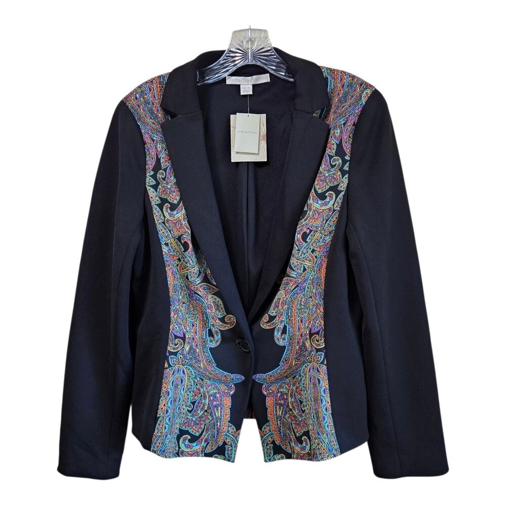 BOSTON PROPER Women's 12 Blazer Jacket Black Multicolor Paisley 1 Button 38" NEW